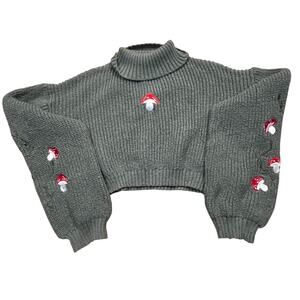 Womens L Green Cropped Turtleneck Sweater Embroidered Mushroom Cottagecore Fairy